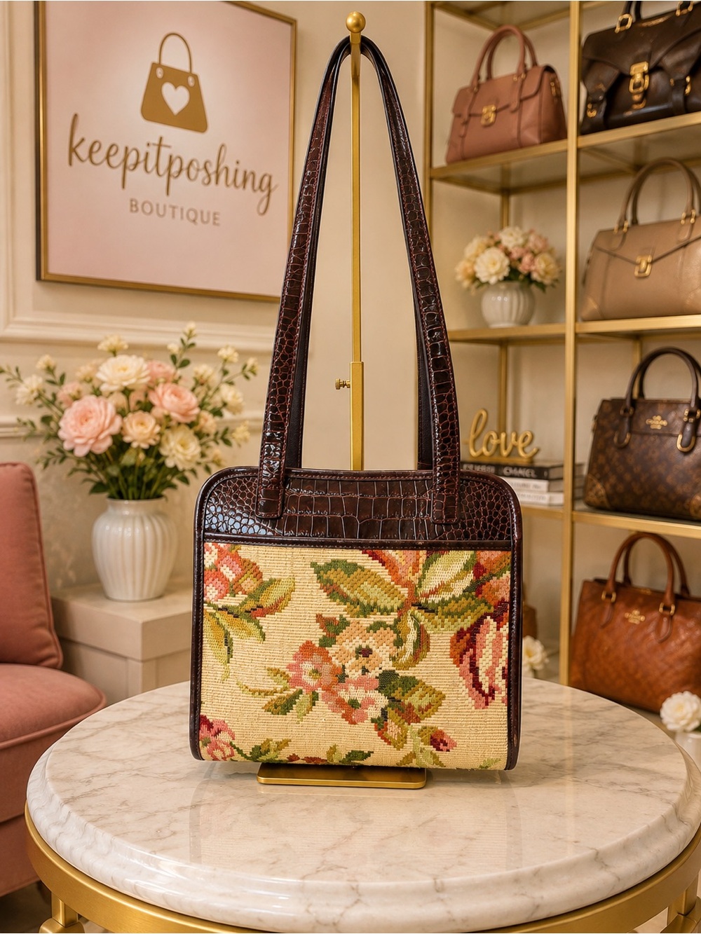 Brighton Brown Croc-Trim Floral Tapestry Shoulder Bag with Burgundy Accents - Picture 2 of 7